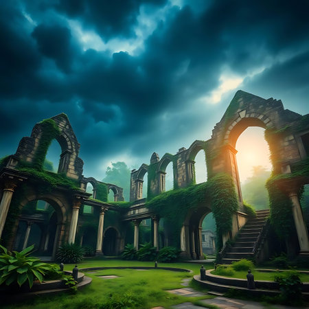 Fantasy landscape with ancient ruins and green grass. 3d renderingの素材