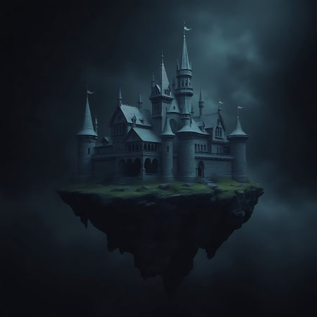 Fantasy castle in the fog. 3D render. Fantasy illustration.の写真素材