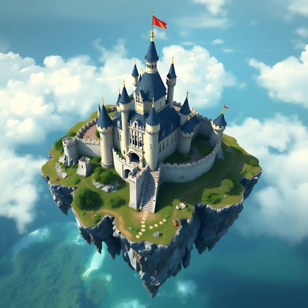 Fantasy castle on the island in the ocean. 3d renderの写真素材