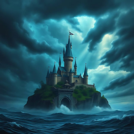 Illustration of a fantasy castle on a green island in the oceanの写真素材