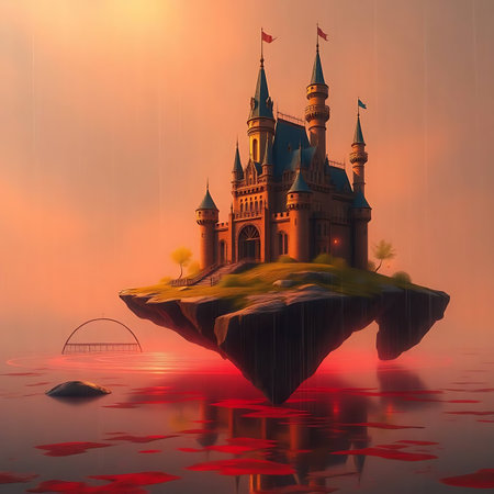 Fantasy castle on the island in the fog. 3d illustrationの写真素材