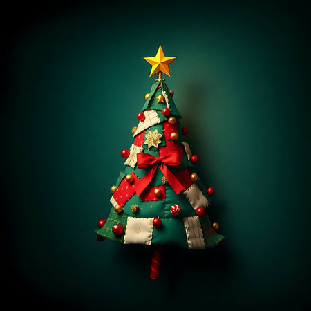 Christmas tree with decorations on dark green background. New Year concept.の素材