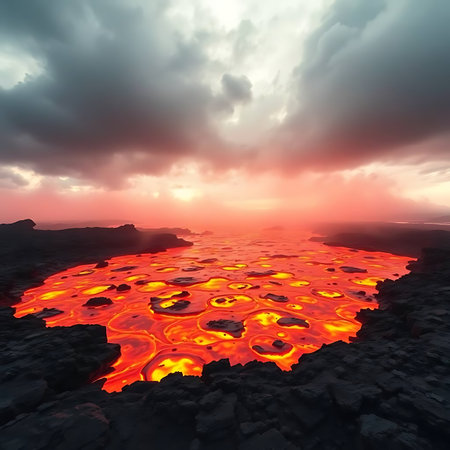 Volcanic landscape with hot lava at sunset. 3d renderの素材