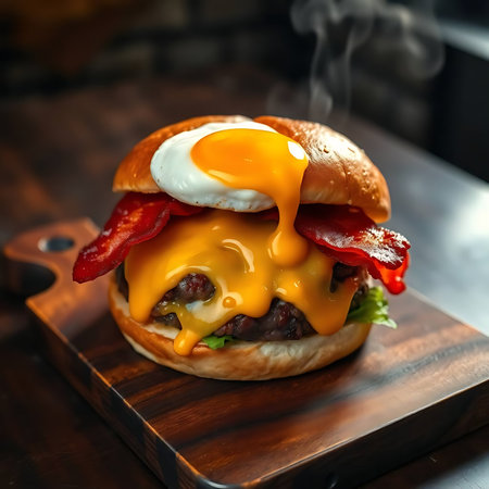 Burger with bacon, cheese, tomato and fried egg on a wooden boardの素材
