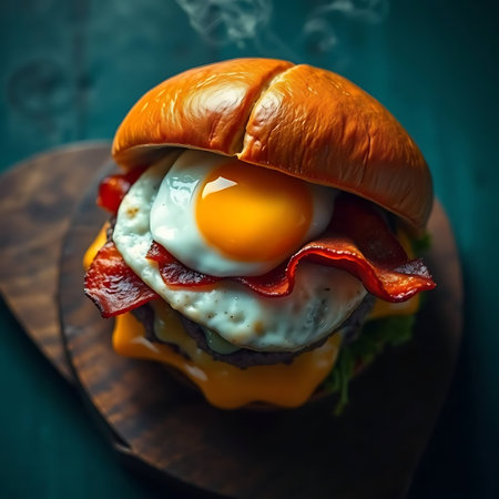 Hamburger with fried egg and bacon on wooden board. Toned.の素材