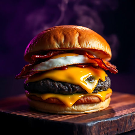 Delicious cheeseburger with bacon and cheese on dark background.の素材