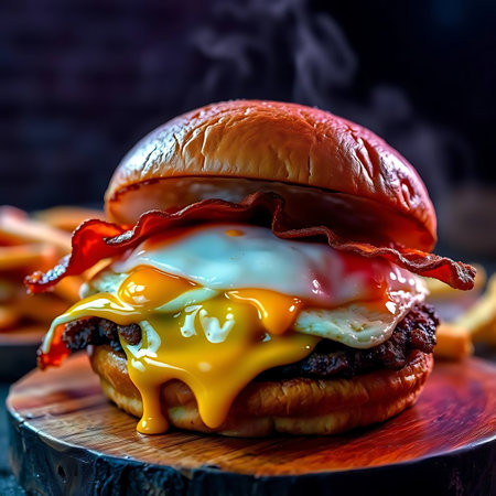 Cheese burger - American cheese burger with Golden French fries on dark backgroundの素材