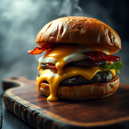 Cheese burger - American cheese burger with bacon and egg on wooden boardの素材