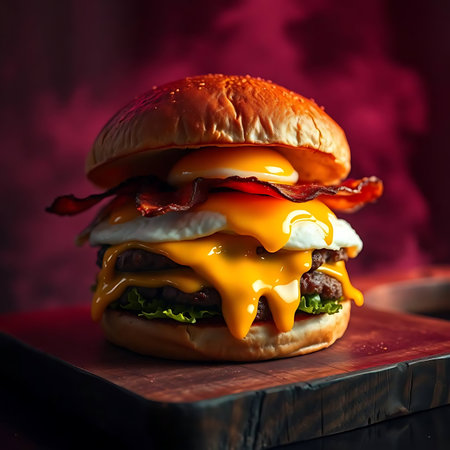 hamburger with bacon, cheese and mayonaise on wooden boardの素材