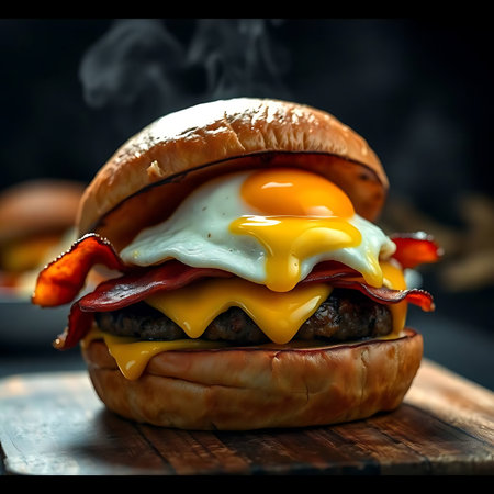 Cheese burger - American cheese burger with bacon and egg. Dark background.の素材