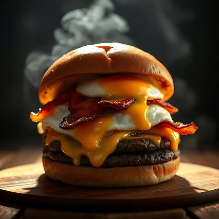 Cheese burger with bacon and egg on a wooden board with smokeの素材
