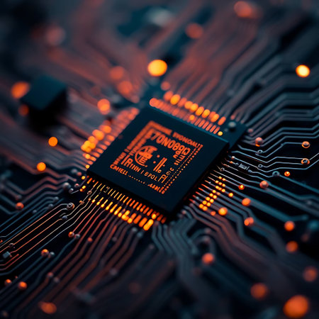 Close-up of electronic circuit board with microchips. Technology backgroundの素材
