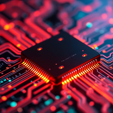 Electronic circuit board close-up with microchips. Technology backgroundの素材