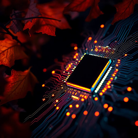 Electronic circuit board with autumn leaves on dark background, close upの素材