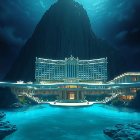 3D render of a fantasy hotel in the mountains and blue waterの素材