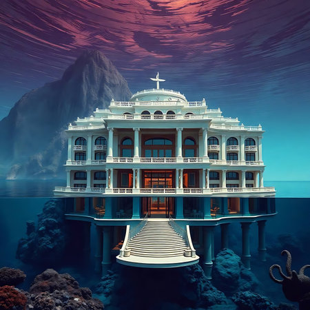 3D Render of a Fantasy House in the Sea. 3D Renderingの素材
