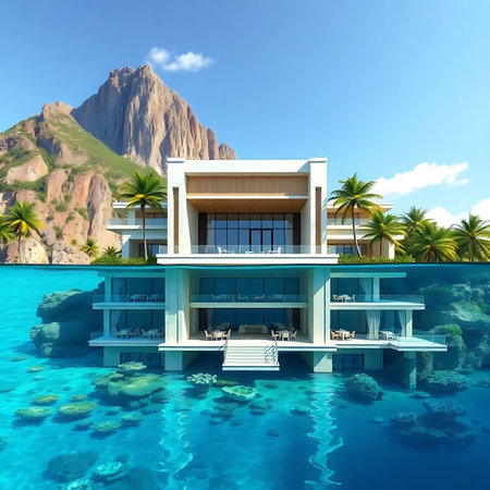 3d rendering of modern cozy house with pool and parking for sale or rentの素材