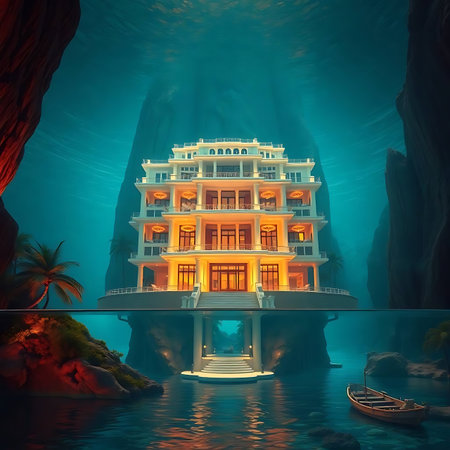 3D rendering of a fantasy house in the middle of the waterの素材