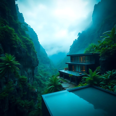 beautiful view of a luxury villa in the middle of tropical jungleの素材