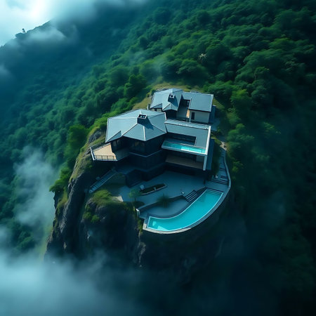 3d rendering of modern house in the mountains with beautiful landscapingの素材