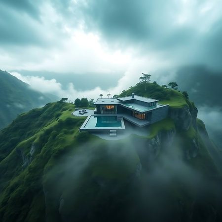 3d rendering of modern cozy house in chalet style with garage and pool for sale or rent. Beautiful mountain landscape with fog.の素材