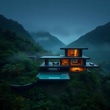 3d rendering of modern cozy chalet with pool and parking for sale or rent. Beautiful forest mountains on background. Cool summer evening with cozy light from window.の素材