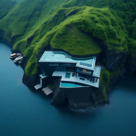 Aerial view of modern house on the cliff in the sea.の素材