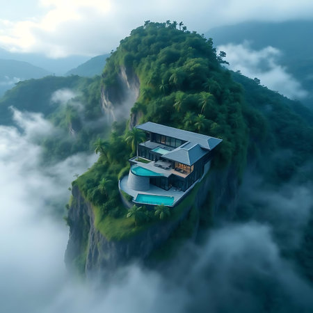 3d rendering of modern cozy house with pool on the mountain.の素材