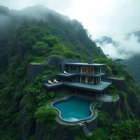 3d rendering of a modern house in the mountains with a poolの素材
