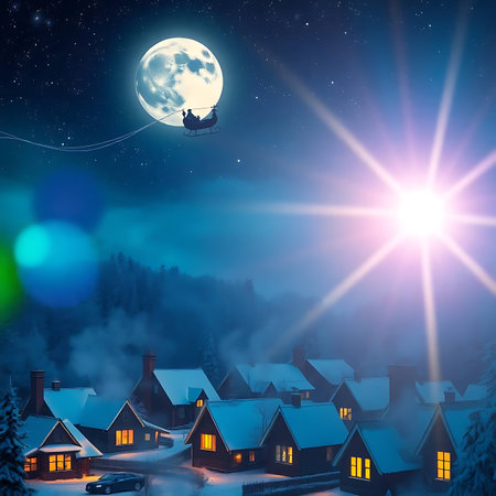 Santa Claus flying in the night sky over the village. Christmas backgroundの写真素材