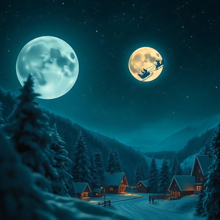 Winter night in the mountains with full moonの写真素材