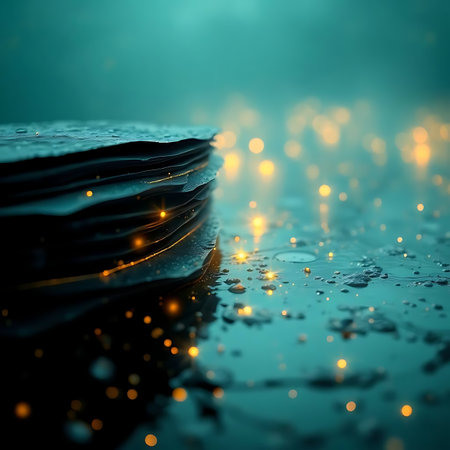 Stacks of sheets of paper with drops of water on a dark backgroundの素材