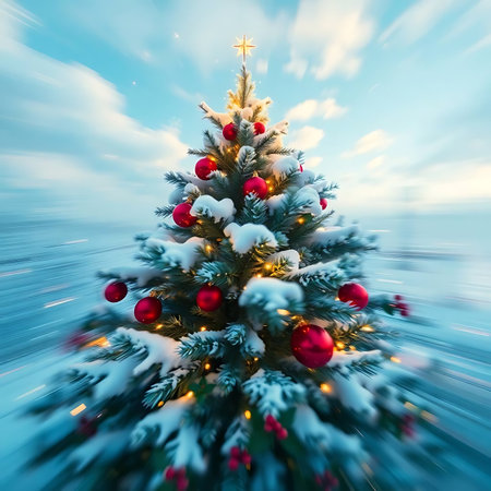 Christmas tree with red and white balls on blurred background. Christmas backgroundの素材