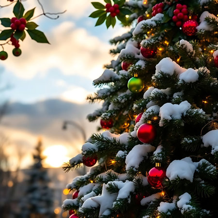 Christmas tree covered with snow in the city. Christmas and New Year backgroundの素材
