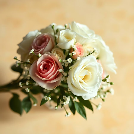 Bouquet of white and pink roses on a beige backgroundの素材