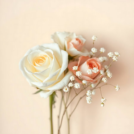 White rose and gypsophila flowers on pastel pink backgroundの素材