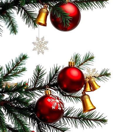 Christmas background with fir branches and red baubles isolated on whiteの素材