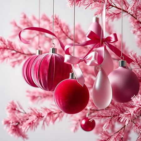 3d render of christmas baubles on dark background.の素材