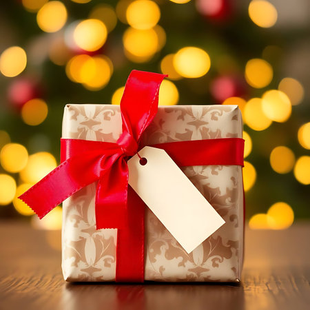 Gift box with blank tag on bokeh christmas backgroundの素材
