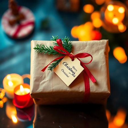 christmas gift with tag on bokeh background, selective focusの素材