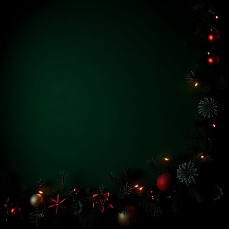 Christmas background with fir branches, red Christmas balls and lights on dark green backgroundの素材