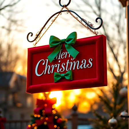 Merry Christmas and Happy New Year Greeting Card. Red Signboard With Lettering.の素材