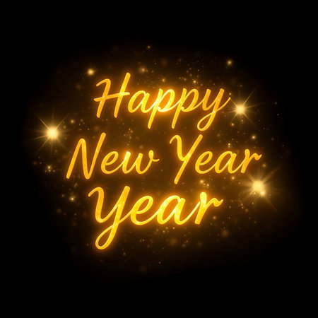 Happy New Year greeting card. Golden lettering on black background.の素材