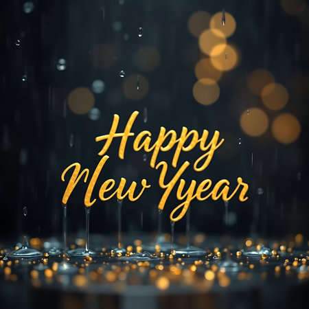 Happy New Year greeting card with raindrops and bokeh lightsの素材