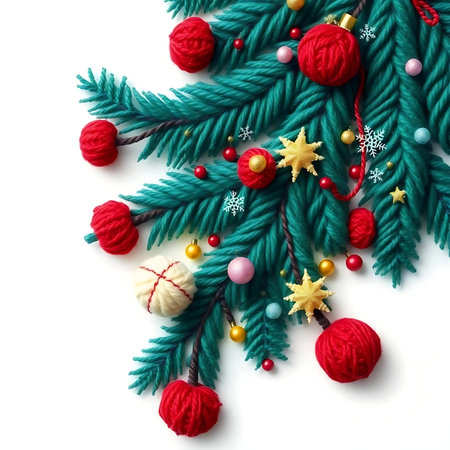 Christmas tree branches with toys on white background. Flat lay, top viewの素材