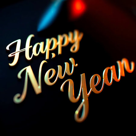 Happy New Year text on a black background. 3D illustration.の素材