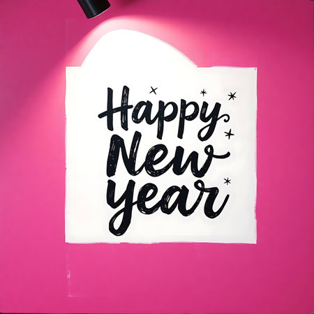 Happy New Year written on a white sheet of paper on a pink backgroundの素材