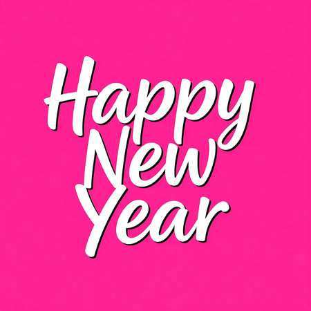 Happy New Year lettering on pink background. Calligraphy vector illustration.の素材