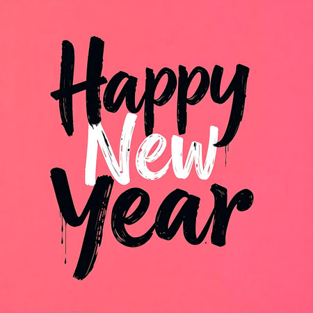 Happy New Year hand drawn lettering on pink background. Vector illustration.の素材