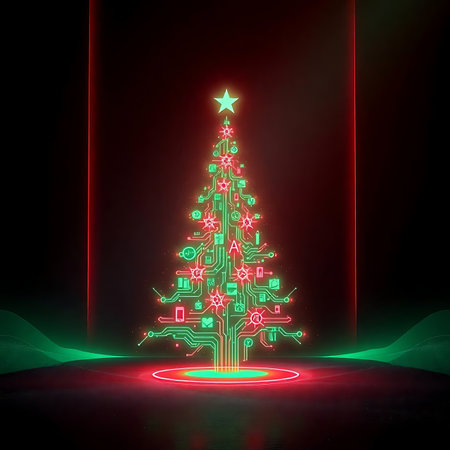 abstract christmas tree with neon lights on dark background, 3d renderの素材